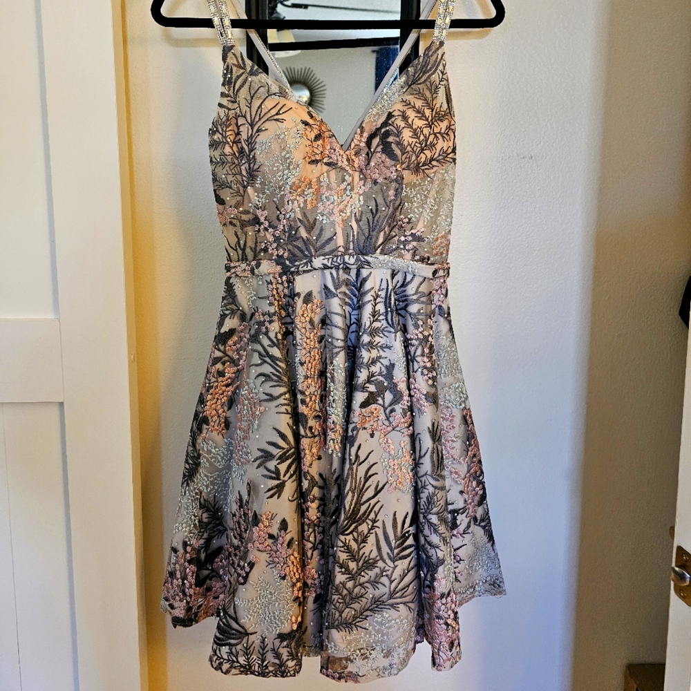 Embroidered Flower and Rhinestone Mini Dress